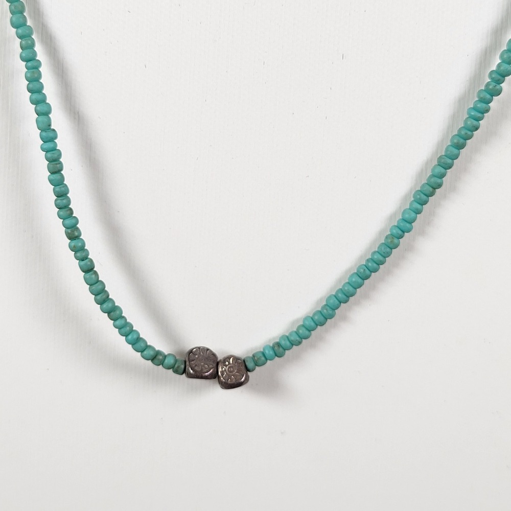 Turquoise Color Beaded Sun Motif Necklace 16 Inch Style Silver Tone